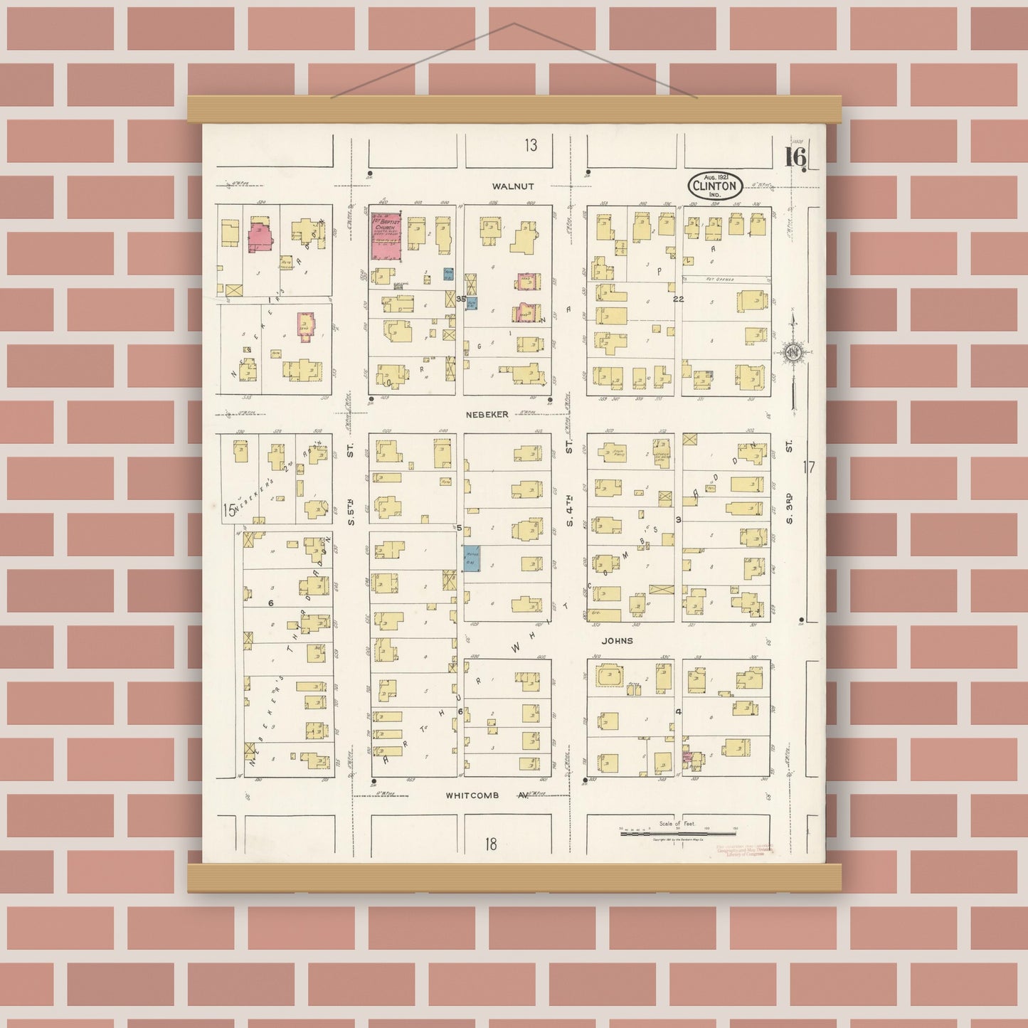 Old map wall art mockup — magnetic wood frame on brick wall — Sanborn Fire Insurance Map from Clinton, Vermillion County, Indiana (1921), Sheet #0016