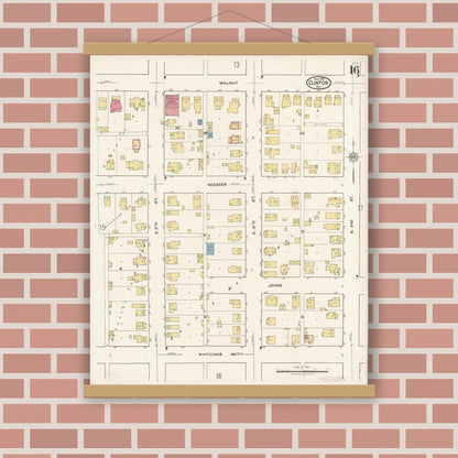 Old map wall art mockup — magnetic wood frame on brick wall — Sanborn Fire Insurance Map from Clinton, Vermillion County, Indiana (1921), Sheet #0016