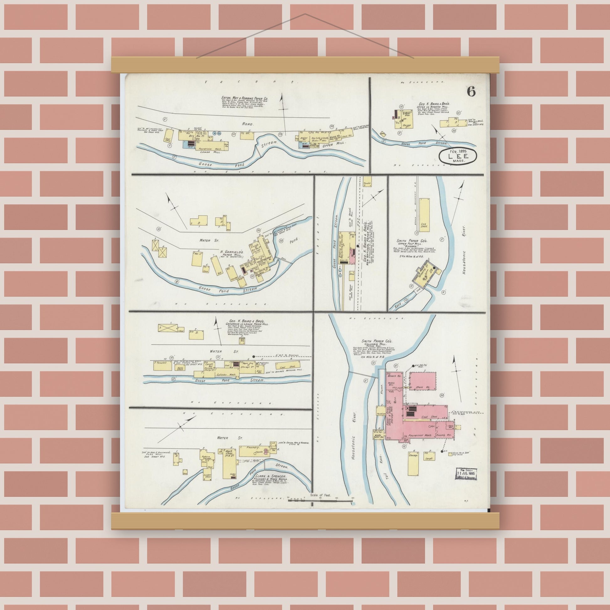 Old map wall art mockup — magnetic wood frame on brick wall — Sanborn Fire Insurance Map from Lee, Berkshire County, Massachusetts (1895), Sheet #0006