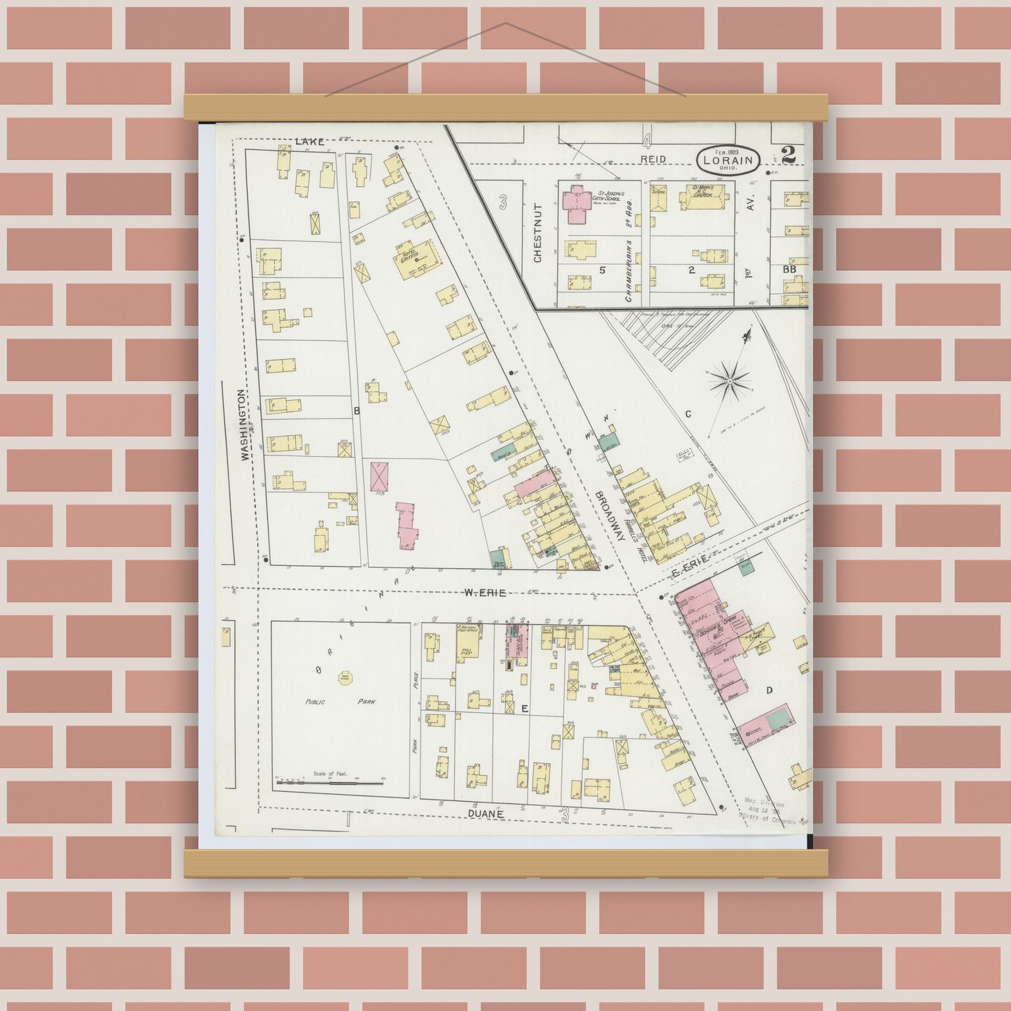 Old map wall art mockup — magnetic wood frame on brick wall — Sanborn Fire Insurance Map from Lorain, Lorain County, Ohio (1893), Sheet #0002