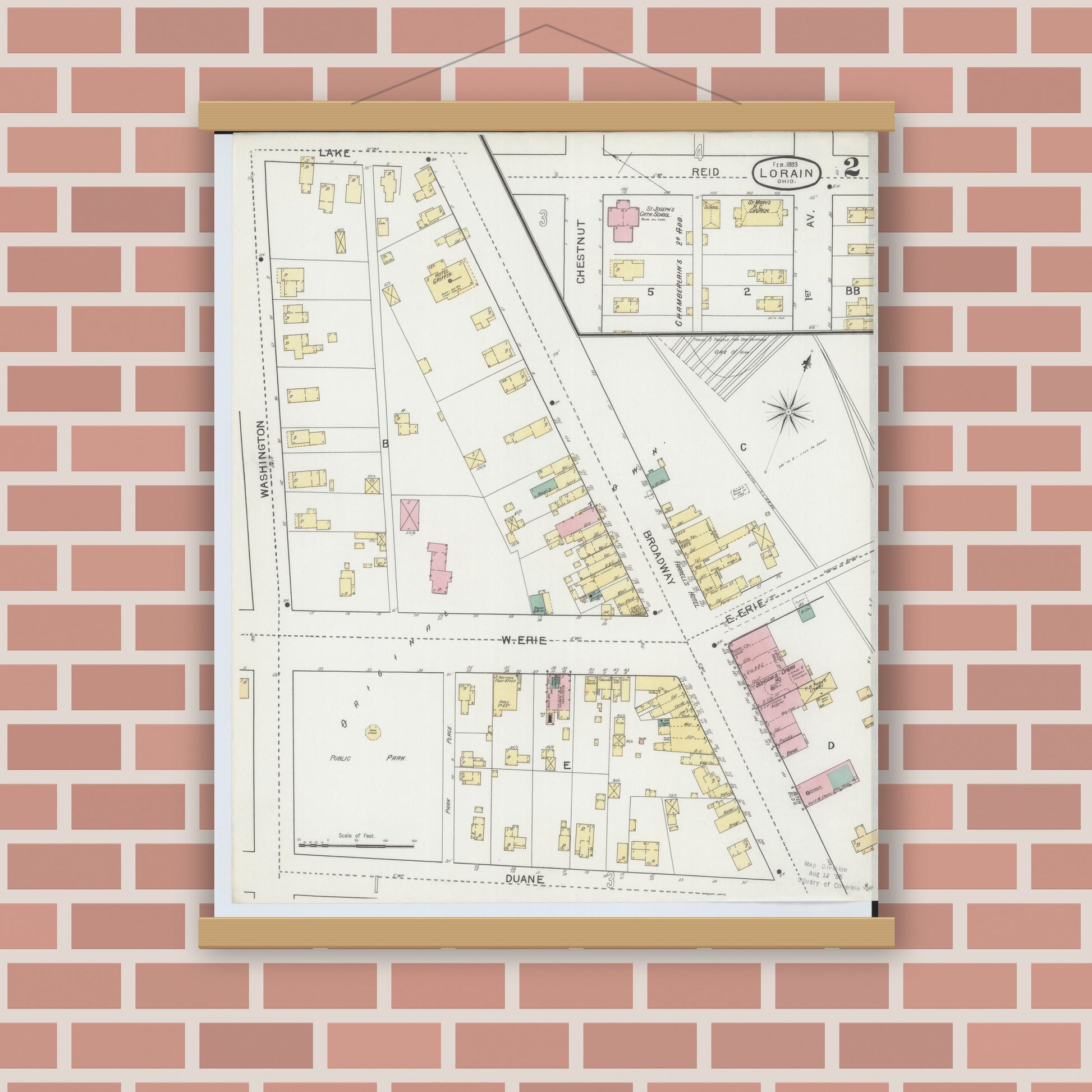 Old map wall art mockup — magnetic wood frame on brick wall — Sanborn Fire Insurance Map from Lorain, Lorain County, Ohio (1893), Sheet #0002