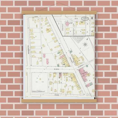 Old map wall art mockup — magnetic wood frame on brick wall — Sanborn Fire Insurance Map from Lorain, Lorain County, Ohio (1893), Sheet #0002