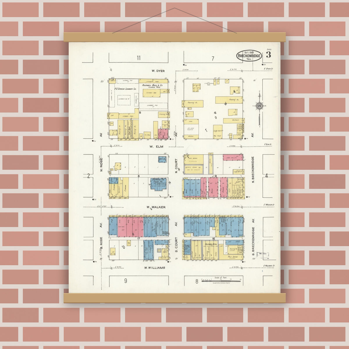Old map wall art mockup — magnetic wood frame on brick wall — Sanborn Fire Insurance Map from Breckenridge, Stephens County, Texas (1921), Sheet #0003