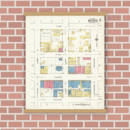 Old map wall art mockup — magnetic wood frame on brick wall — Sanborn Fire Insurance Map from Breckenridge, Stephens County, Texas (1921), Sheet #0003