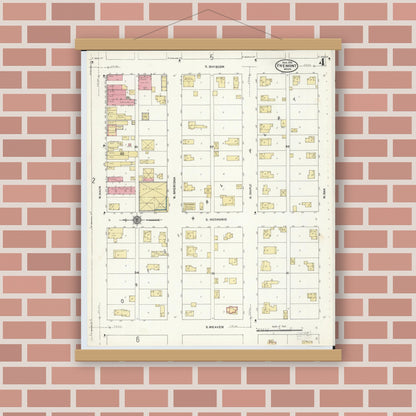 Old map wall art mockup — magnetic wood frame on brick wall — Sanborn Fire Insurance Map from Fremont, Newaygo County, Michigan (1911), Sheet #0004