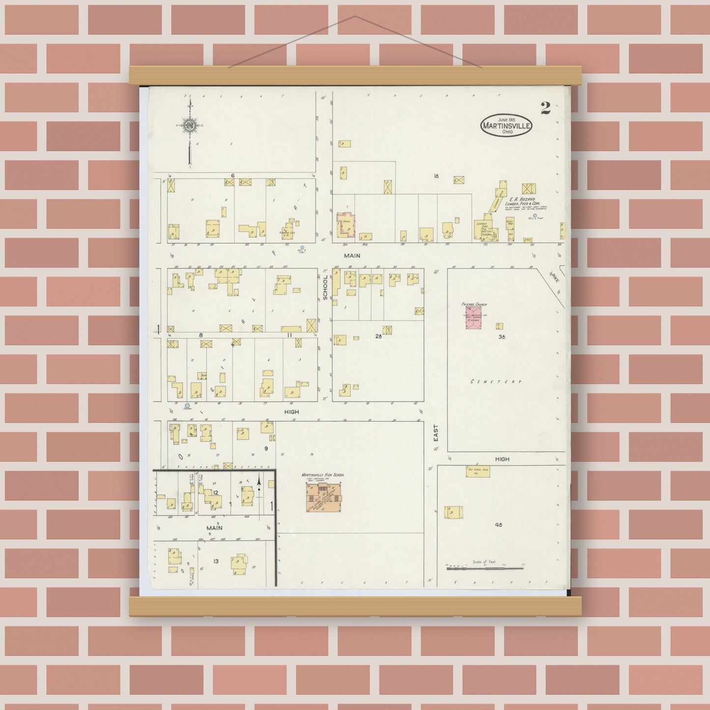 Old map wall art mockup — magnetic wood frame on brick wall — Sanborn Fire Insurance Map from Martinsville, Clinton County, Ohio (1915), Sheet #0002