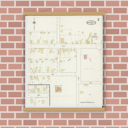 Old map wall art mockup — magnetic wood frame on brick wall — Sanborn Fire Insurance Map from Martinsville, Clinton County, Ohio (1915), Sheet #0002