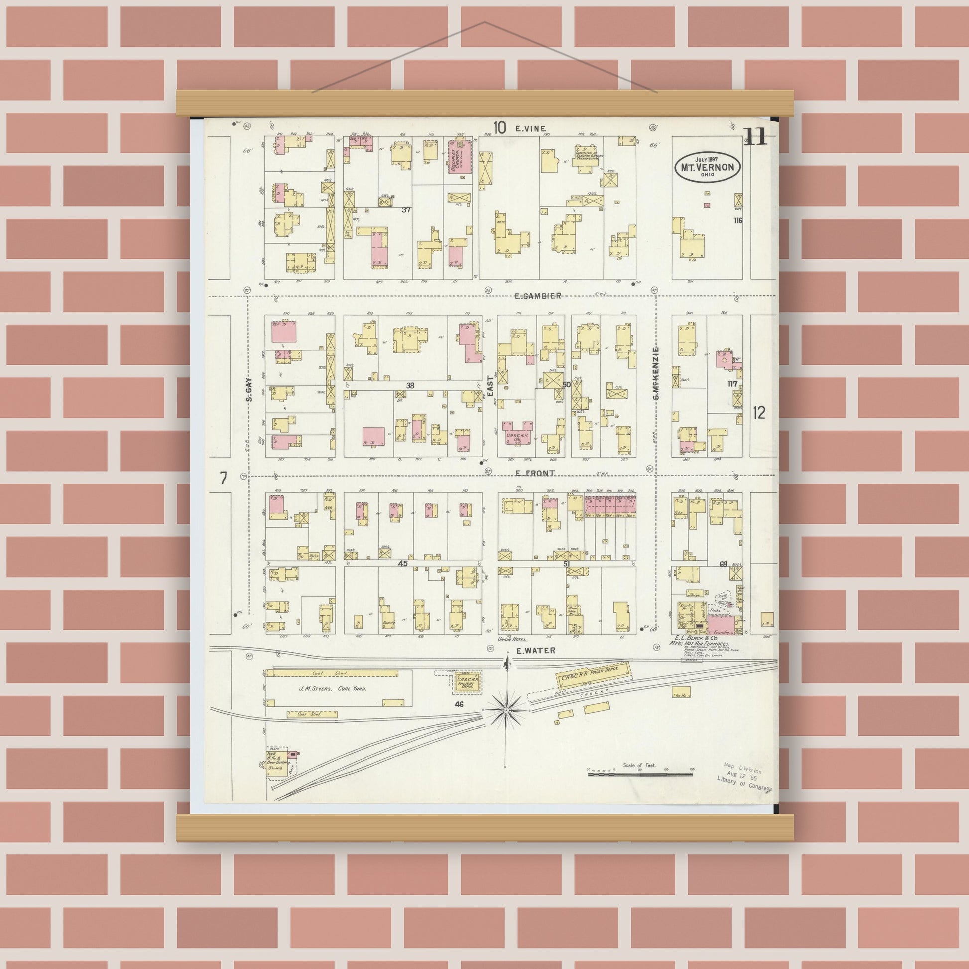 Old map wall art mockup — magnetic wood frame on brick wall — Sanborn Fire Insurance Map from Mount Vernon, Knox County, Ohio (1897), Sheet #0011