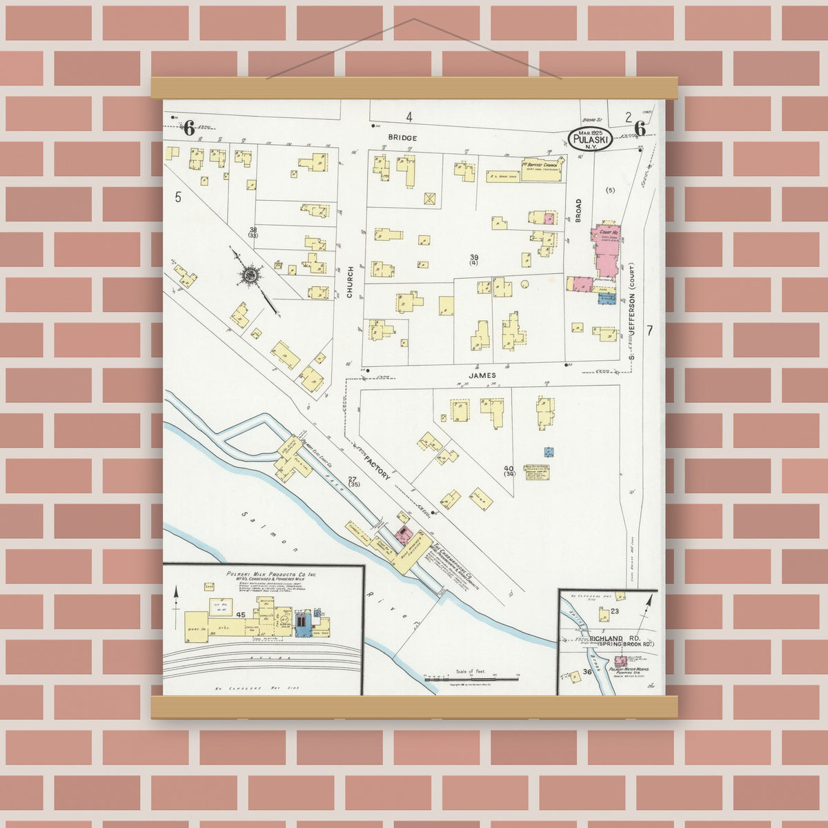 Old map wall art mockup — magnetic wood frame on brick wall — Sanborn Fire Insurance Map from Pulaski, Oswego County, New York (1925), Sheet #0006