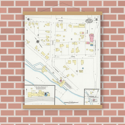 Old map wall art mockup — magnetic wood frame on brick wall — Sanborn Fire Insurance Map from Pulaski, Oswego County, New York (1925), Sheet #0006