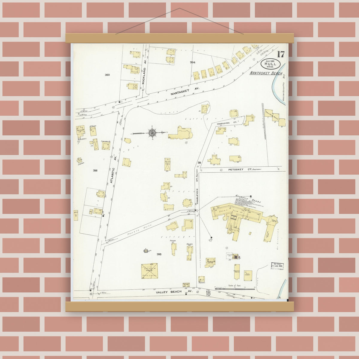Old map wall art mockup — magnetic wood frame on brick wall — Sanborn Fire Insurance Map from Hull, Plymouth County, Massachusetts (1910), Sheet #0017
