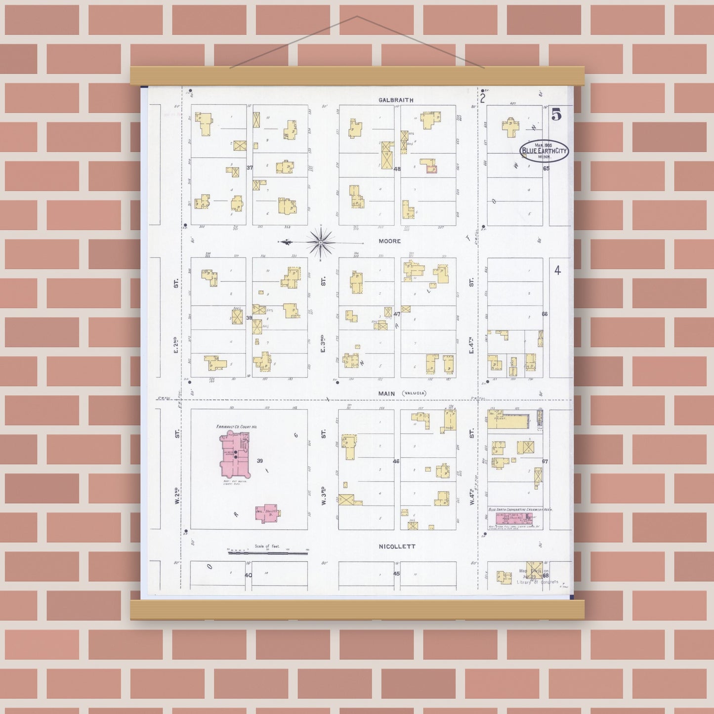 Old map wall art mockup — magnetic wood frame on brick wall — Sanborn Fire Insurance Map from Blue Earth, Faribault County, Minnesota (1905), Sheet #0005