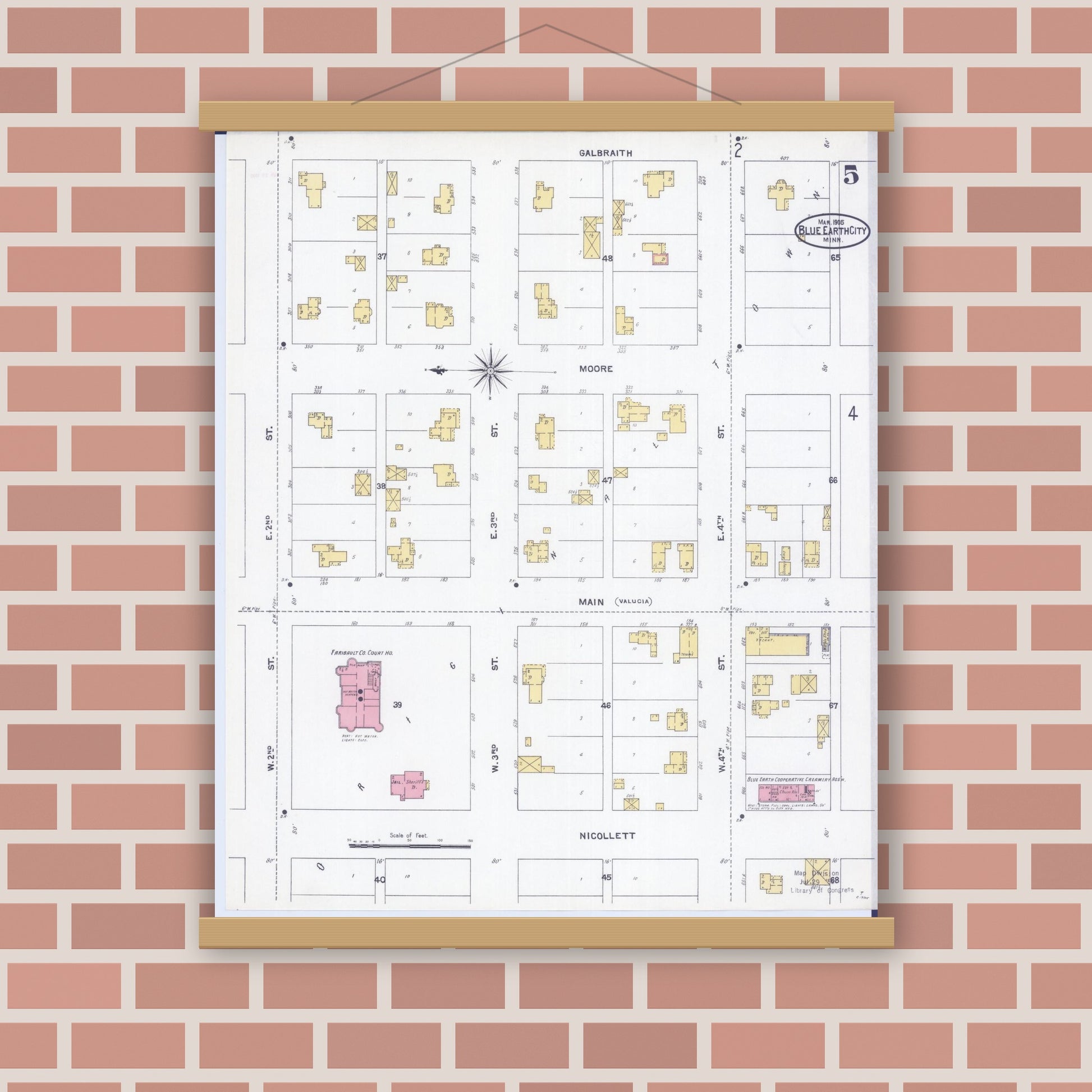 Old map wall art mockup — magnetic wood frame on brick wall — Sanborn Fire Insurance Map from Blue Earth, Faribault County, Minnesota (1905), Sheet #0005