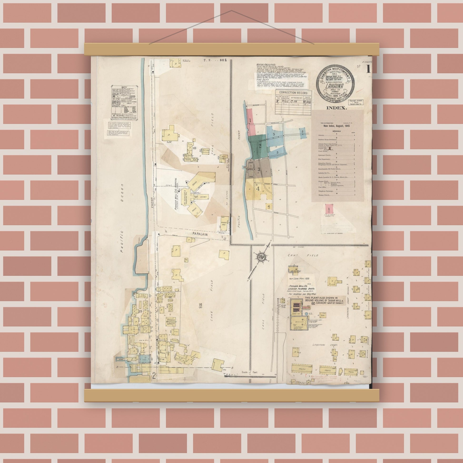 Old map wall art mockup — magnetic wood frame on brick wall — Sanborn Fire Insurance Map from Lahaina, Maui County, Hawaii (1950), Sheet #0001