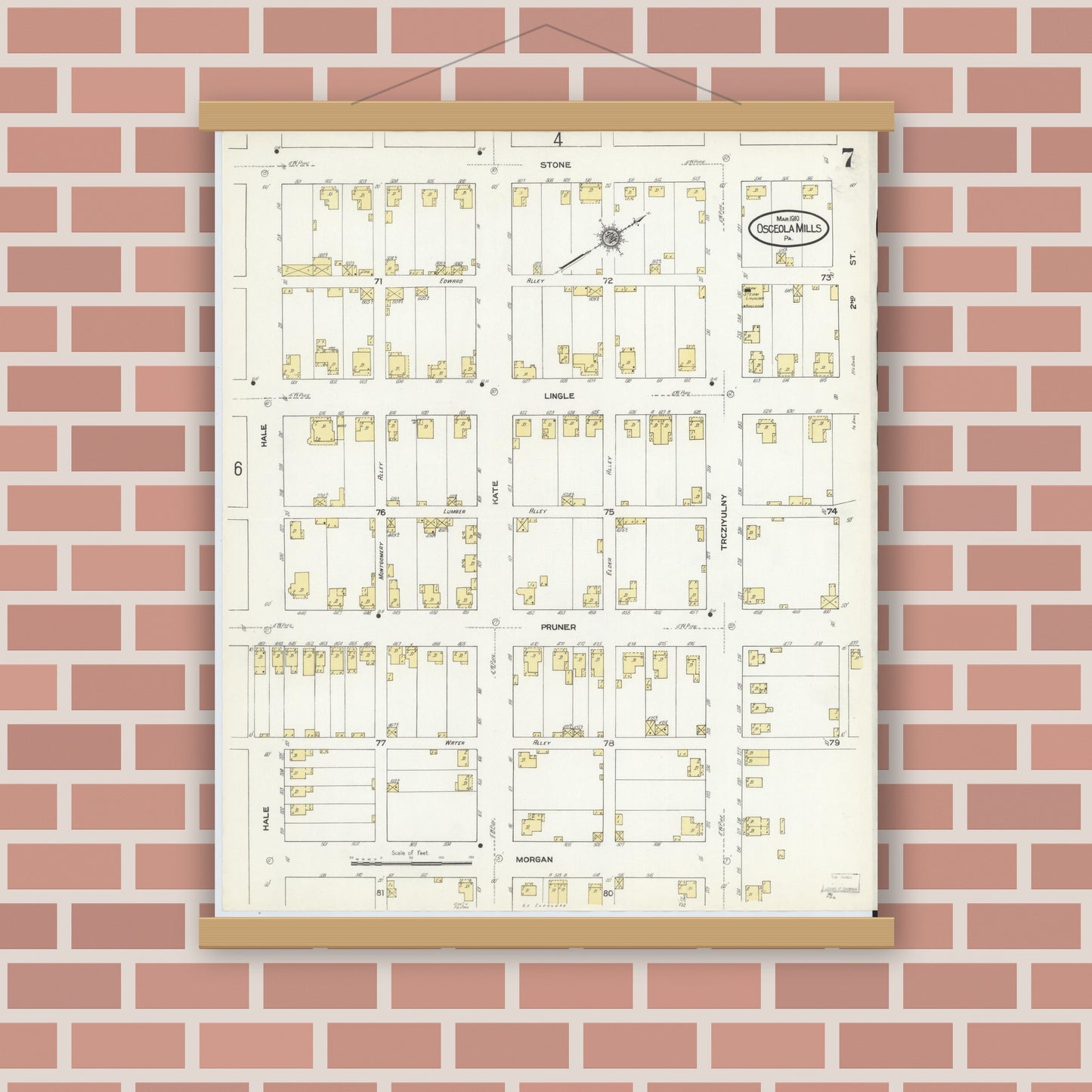 Old map wall art mockup — magnetic wood frame on brick wall — Sanborn Fire Insurance Map from Osceola Mills, Clearfield County, Pennsylvania (1910), Sheet #0007