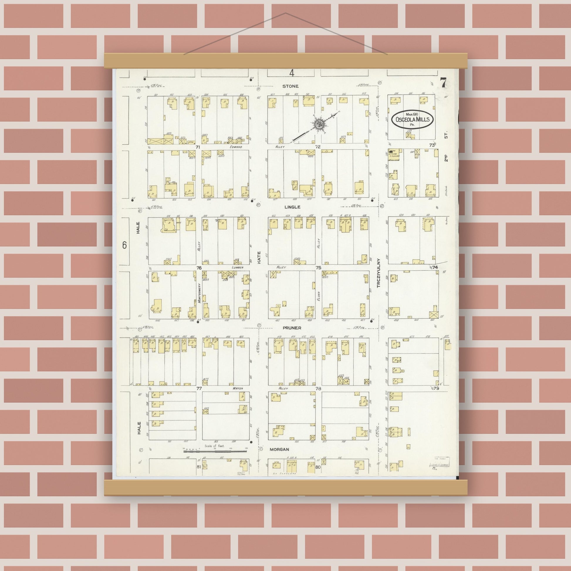 Old map wall art mockup — magnetic wood frame on brick wall — Sanborn Fire Insurance Map from Osceola Mills, Clearfield County, Pennsylvania (1910), Sheet #0007