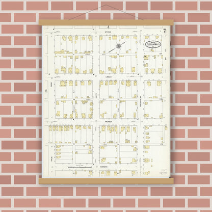Old map wall art mockup — magnetic wood frame on brick wall — Sanborn Fire Insurance Map from Osceola Mills, Clearfield County, Pennsylvania (1910), Sheet #0007
