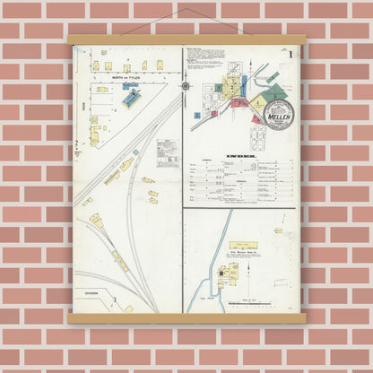 Old map wall art mockup — magnetic wood frame on brick wall — Sanborn Fire Insurance Map from Mellen, Ashland County, Wisconsin (1909), Sheet #0001