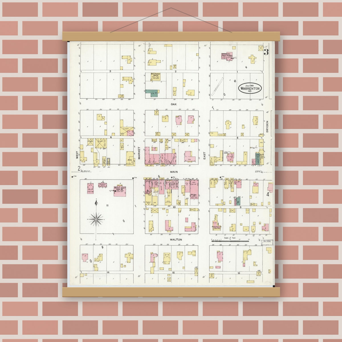 Old map wall art mockup — magnetic wood frame on brick wall — Sanborn Fire Insurance Map from Warrenton, Warren County, Missouri (1909), Sheet #0003