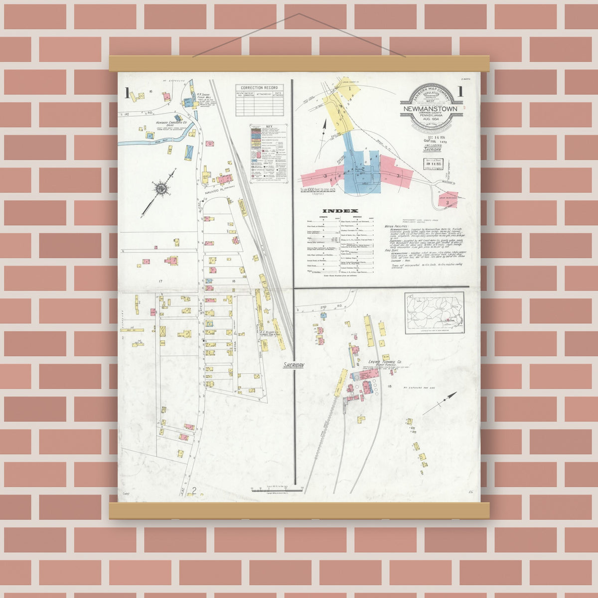 Old map wall art mockup — magnetic wood frame on brick wall — Sanborn Fire Insurance Map from Newmanstown, Lebanon County, Pennsylvania (1934), Sheet #0001