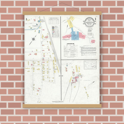 Old map wall art mockup — magnetic wood frame on brick wall — Sanborn Fire Insurance Map from Newmanstown, Lebanon County, Pennsylvania (1934), Sheet #0001