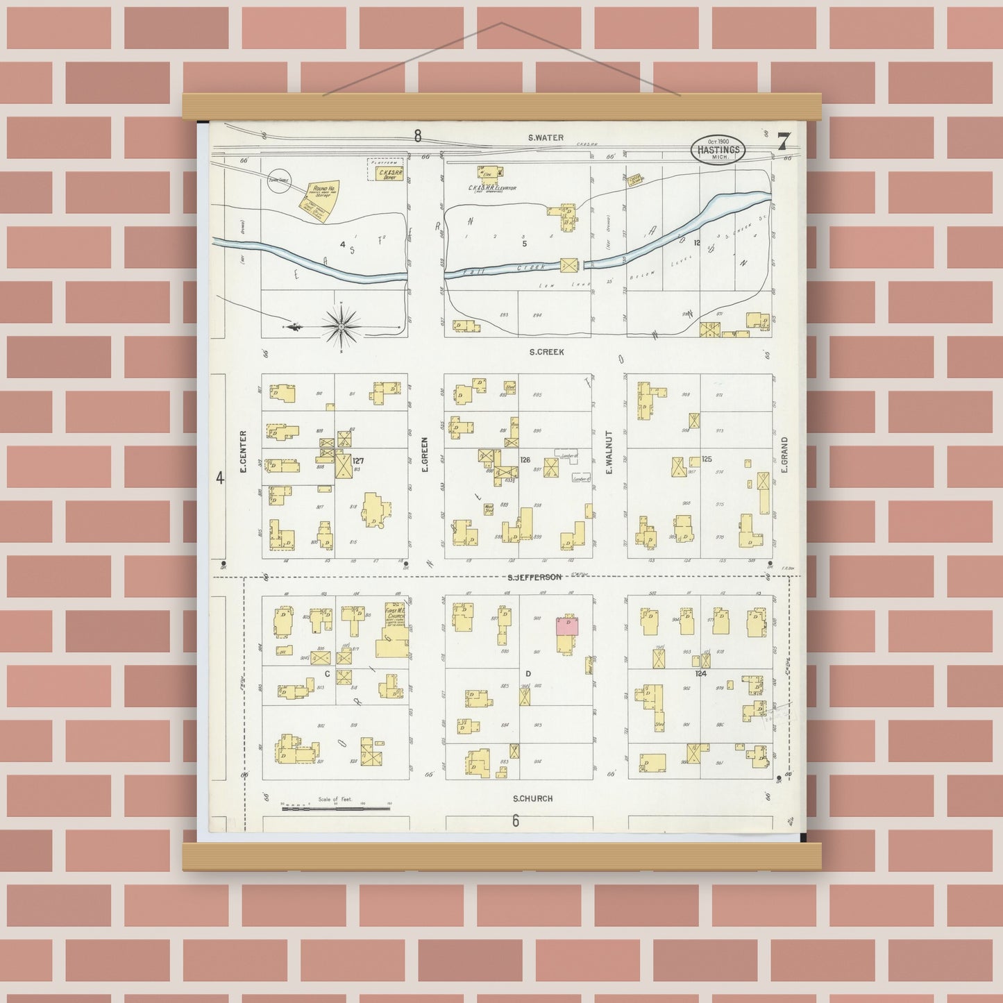 Old map wall art mockup — magnetic wood frame on brick wall — Sanborn Fire Insurance Map from Hastings, Barry County, Michigan (1900), Sheet #0007