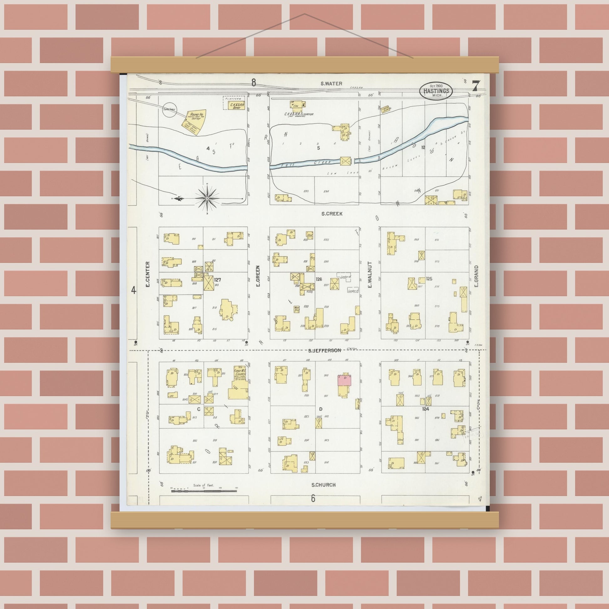 Old map wall art mockup — magnetic wood frame on brick wall — Sanborn Fire Insurance Map from Hastings, Barry County, Michigan (1900), Sheet #0007