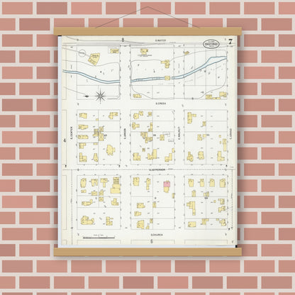 Old map wall art mockup — magnetic wood frame on brick wall — Sanborn Fire Insurance Map from Hastings, Barry County, Michigan (1900), Sheet #0007
