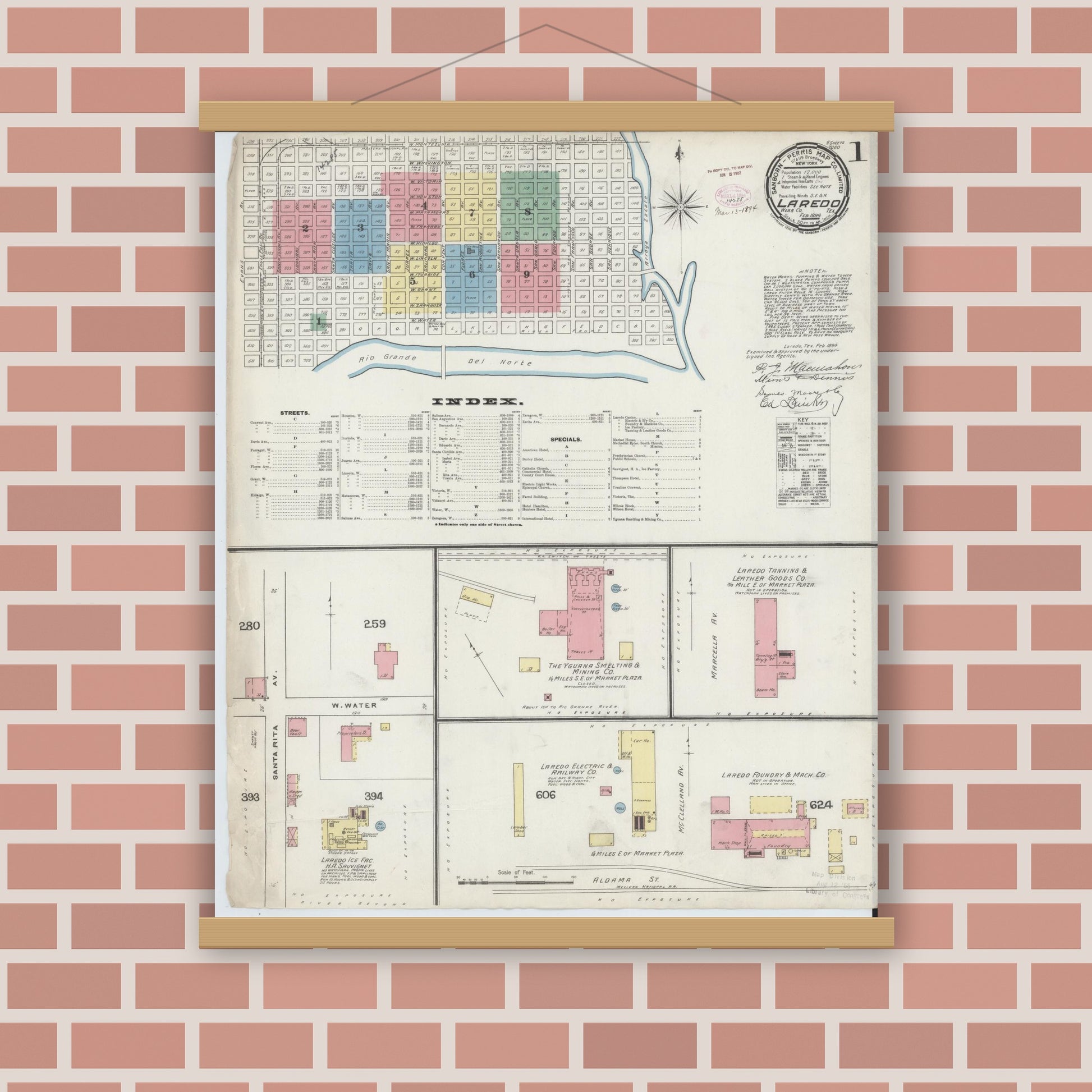 Old map wall art mockup — magnetic wood frame on brick wall — Sanborn Fire Insurance Map from Laredo, Webb County, Texas (1894), Sheet #0001