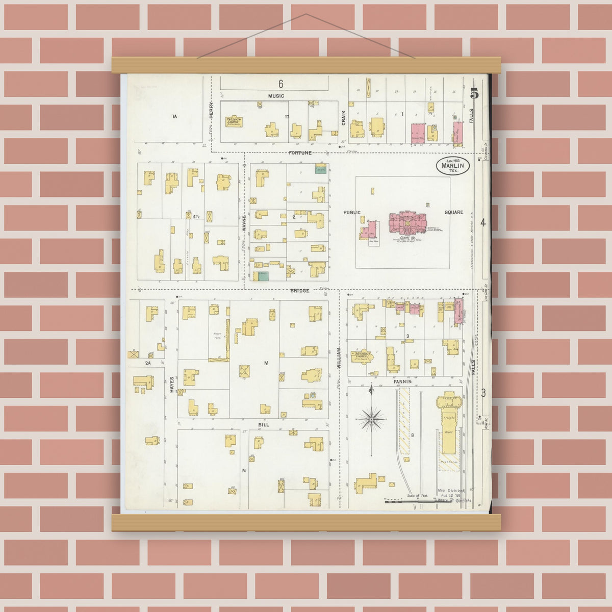 Old map wall art mockup — magnetic wood frame on brick wall — Sanborn Fire Insurance Map from Marlin, Falls County, Texas (1903), Sheet #0005