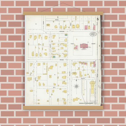 Old map wall art mockup — magnetic wood frame on brick wall — Sanborn Fire Insurance Map from Marlin, Falls County, Texas (1903), Sheet #0005