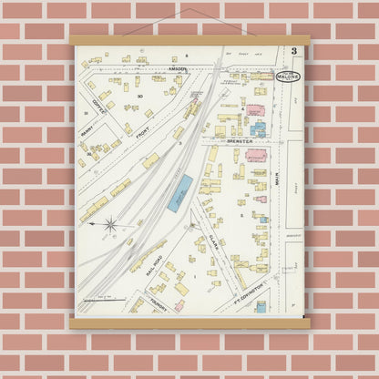 Old map wall art mockup — magnetic wood frame on brick wall — Sanborn Fire Insurance Map from Malone, Franklin County, New York (1892), Sheet #0003