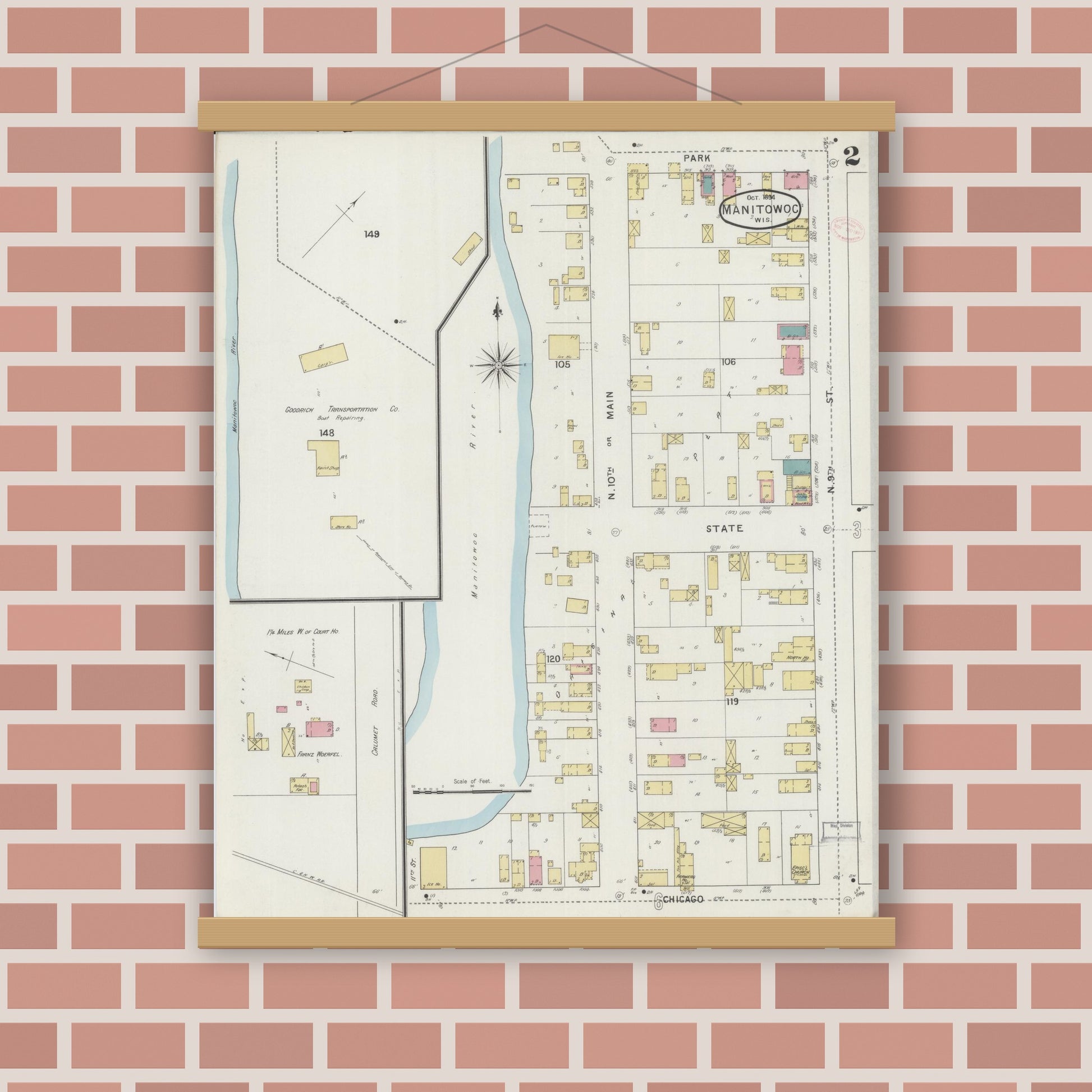 Old map wall art mockup — magnetic wood frame on brick wall — Sanborn Fire Insurance Map from Manitowoc, Manitowoc County, Wisconsin (1894), Sheet #0002