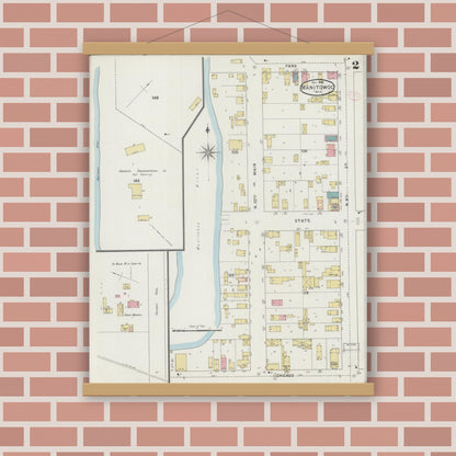 Old map wall art mockup — magnetic wood frame on brick wall — Sanborn Fire Insurance Map from Manitowoc, Manitowoc County, Wisconsin (1894), Sheet #0002