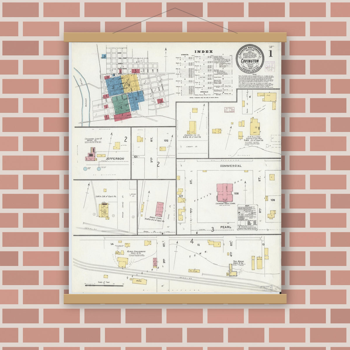 Old map wall art mockup — magnetic wood frame on brick wall — Sanborn Fire Insurance Map from Covington, Fountain County, Indiana (1905), Sheet #0001
