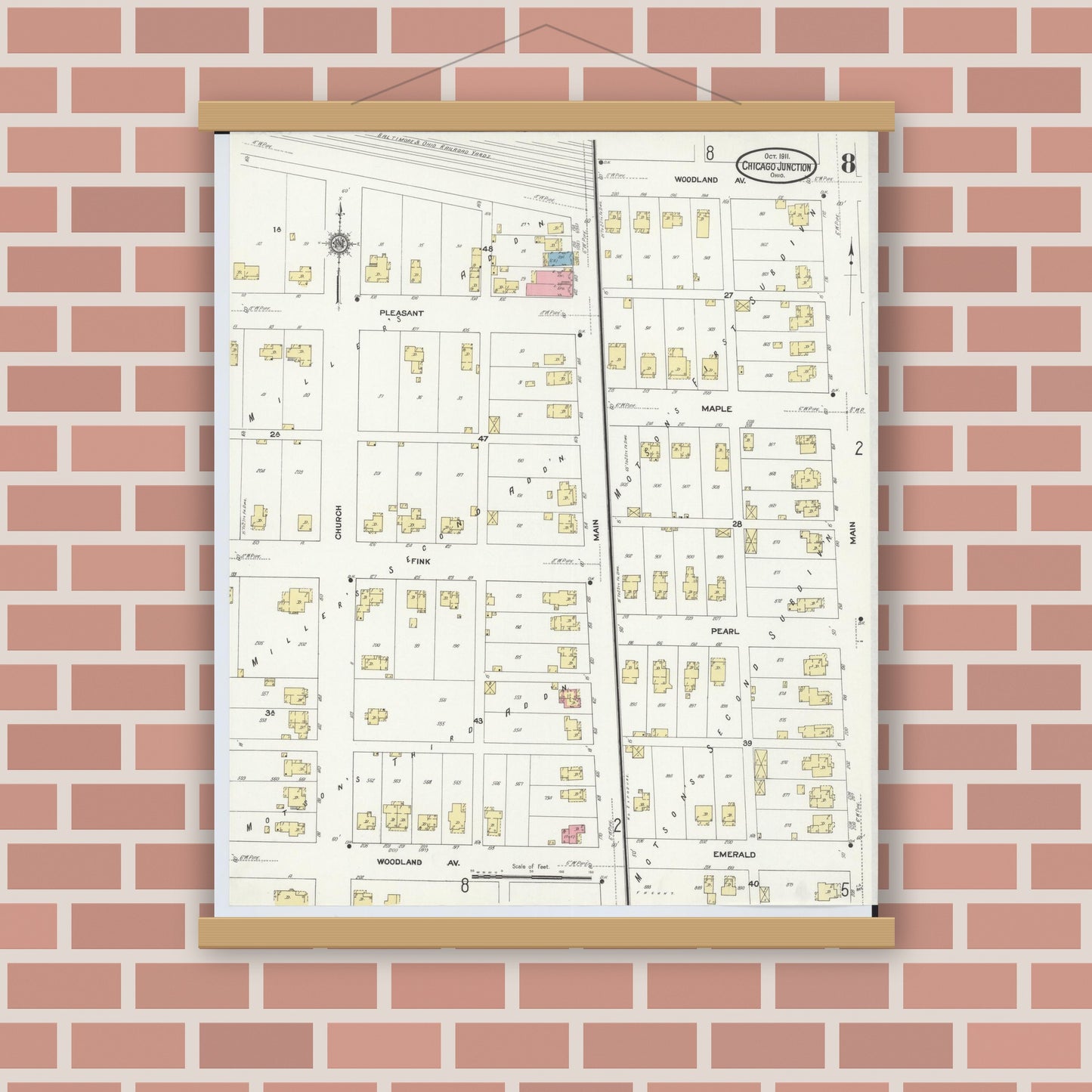 Old map wall art mockup — magnetic wood frame on brick wall — Sanborn Fire Insurance Map from Chicago Junction, Huron County, Ohio (1911), Sheet #0008