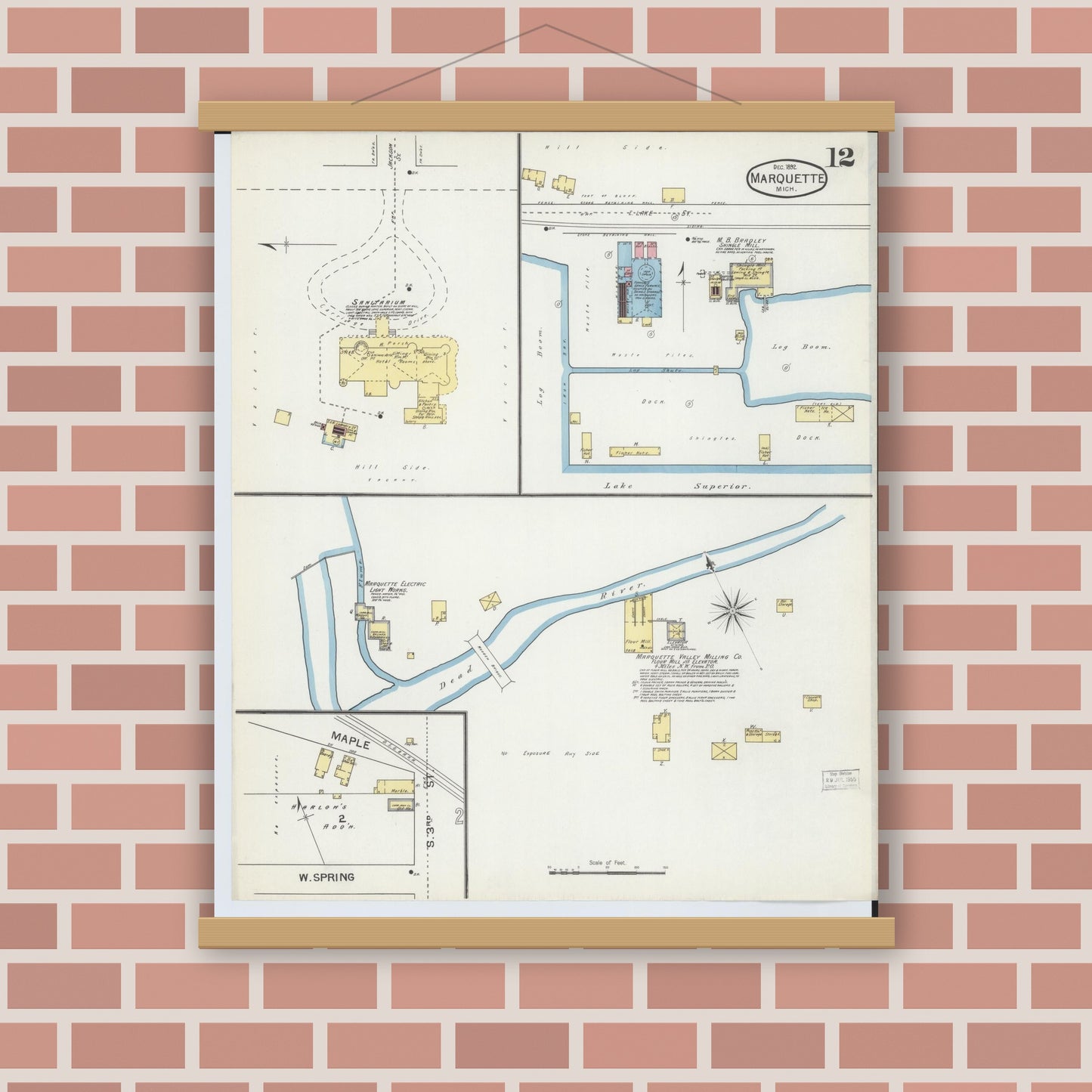 Old map wall art mockup — magnetic wood frame on brick wall — Sanborn Fire Insurance Map from Marquette, Marquette County, Michigan (1892), Sheet #0012