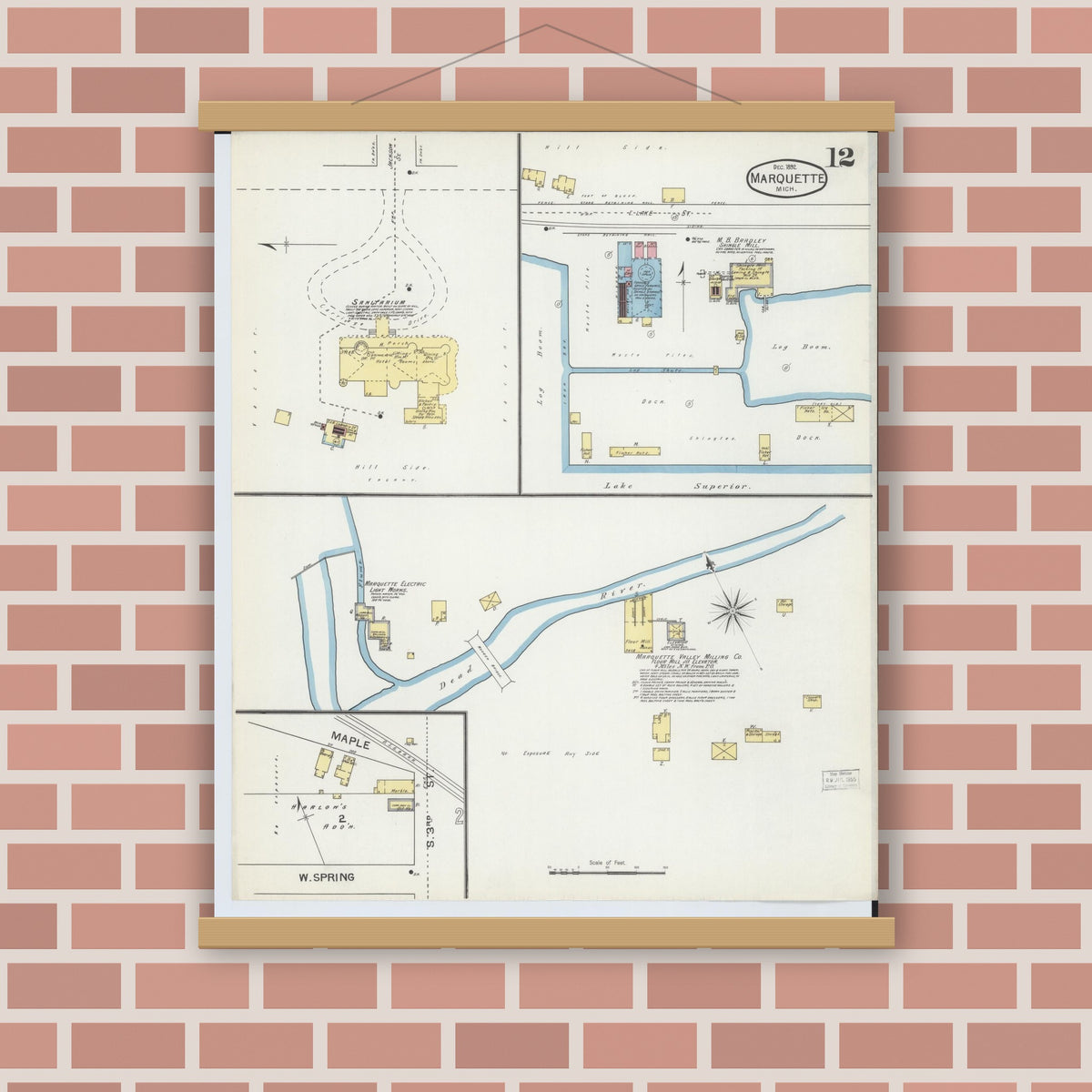 Old map wall art mockup — magnetic wood frame on brick wall — Sanborn Fire Insurance Map from Marquette, Marquette County, Michigan (1892), Sheet #0012