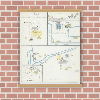 Old map wall art mockup — magnetic wood frame on brick wall — Sanborn Fire Insurance Map from Marquette, Marquette County, Michigan (1892), Sheet #0012