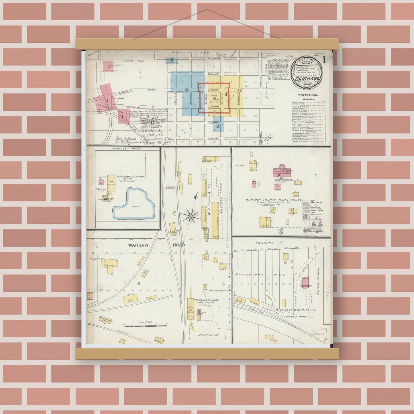 Old map wall art mockup — magnetic wood frame on brick wall — Sanborn Fire Insurance Map from Carthage, Hancock County, Illinois (1893), Sheet #0001
