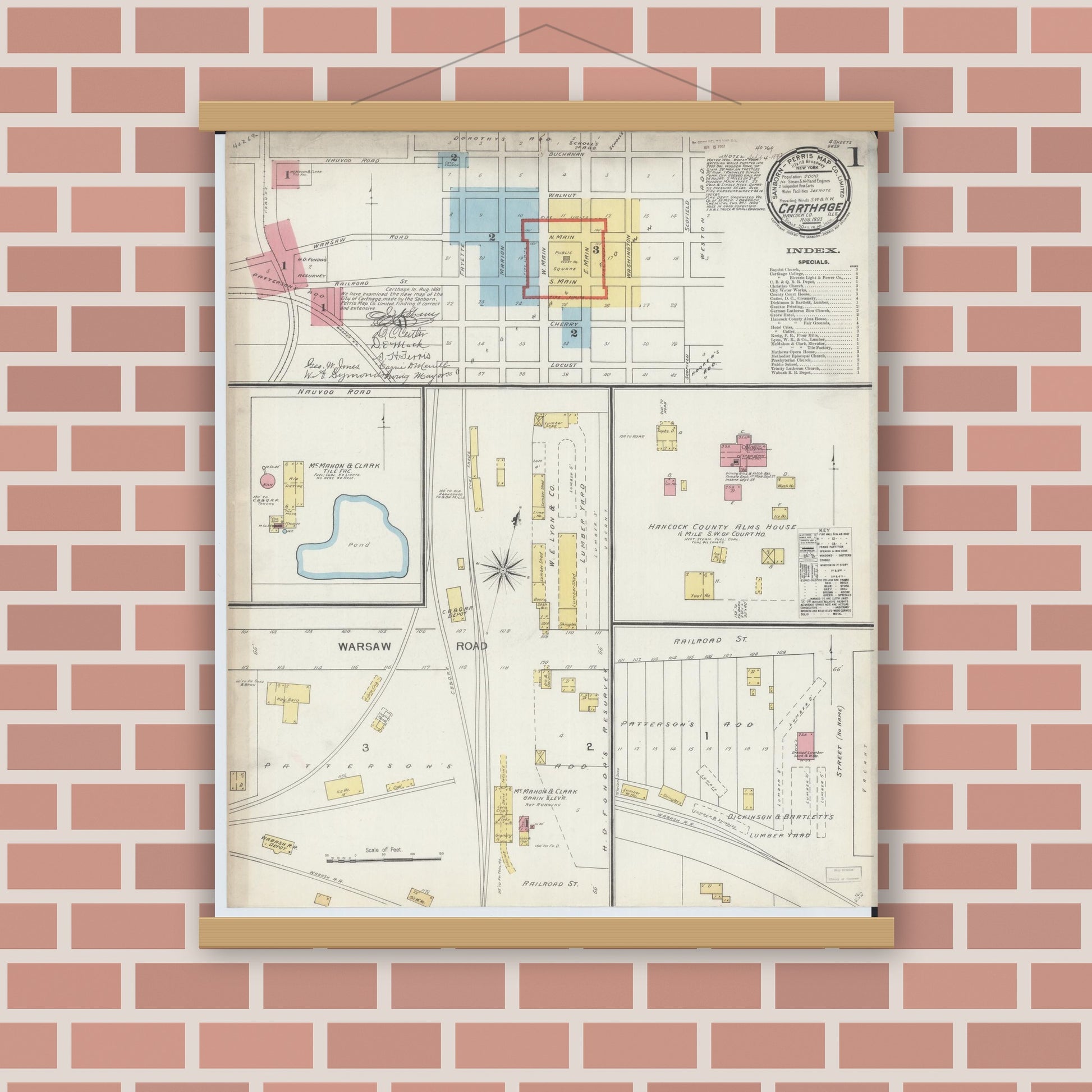 Old map wall art mockup — magnetic wood frame on brick wall — Sanborn Fire Insurance Map from Carthage, Hancock County, Illinois (1893), Sheet #0001