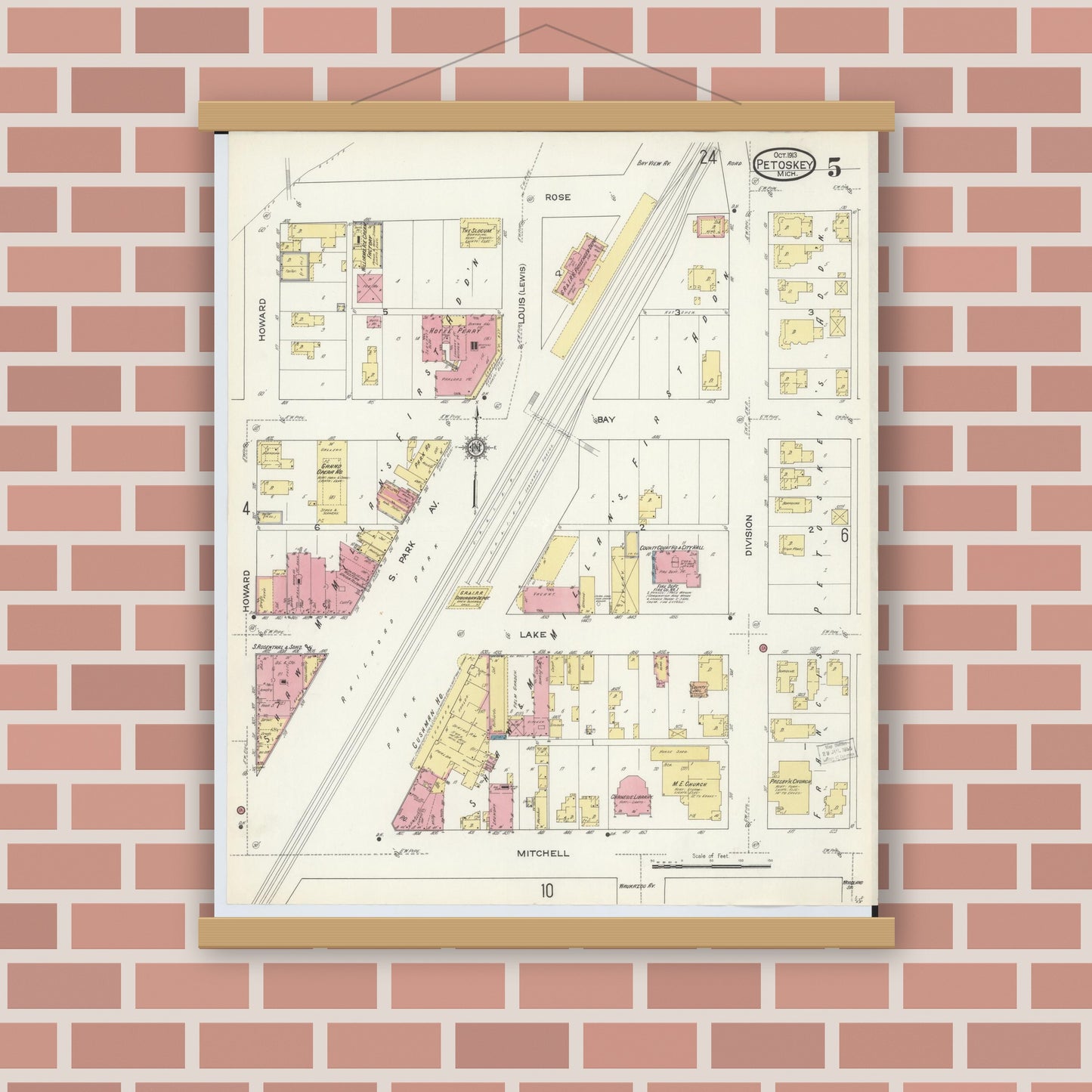 Old map wall art mockup — magnetic wood frame on brick wall — Sanborn Fire Insurance Map from Petoskey, Emmet County, Michigan (1913), Sheet #0005