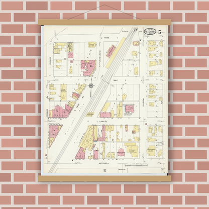 Old map wall art mockup — magnetic wood frame on brick wall — Sanborn Fire Insurance Map from Petoskey, Emmet County, Michigan (1913), Sheet #0005