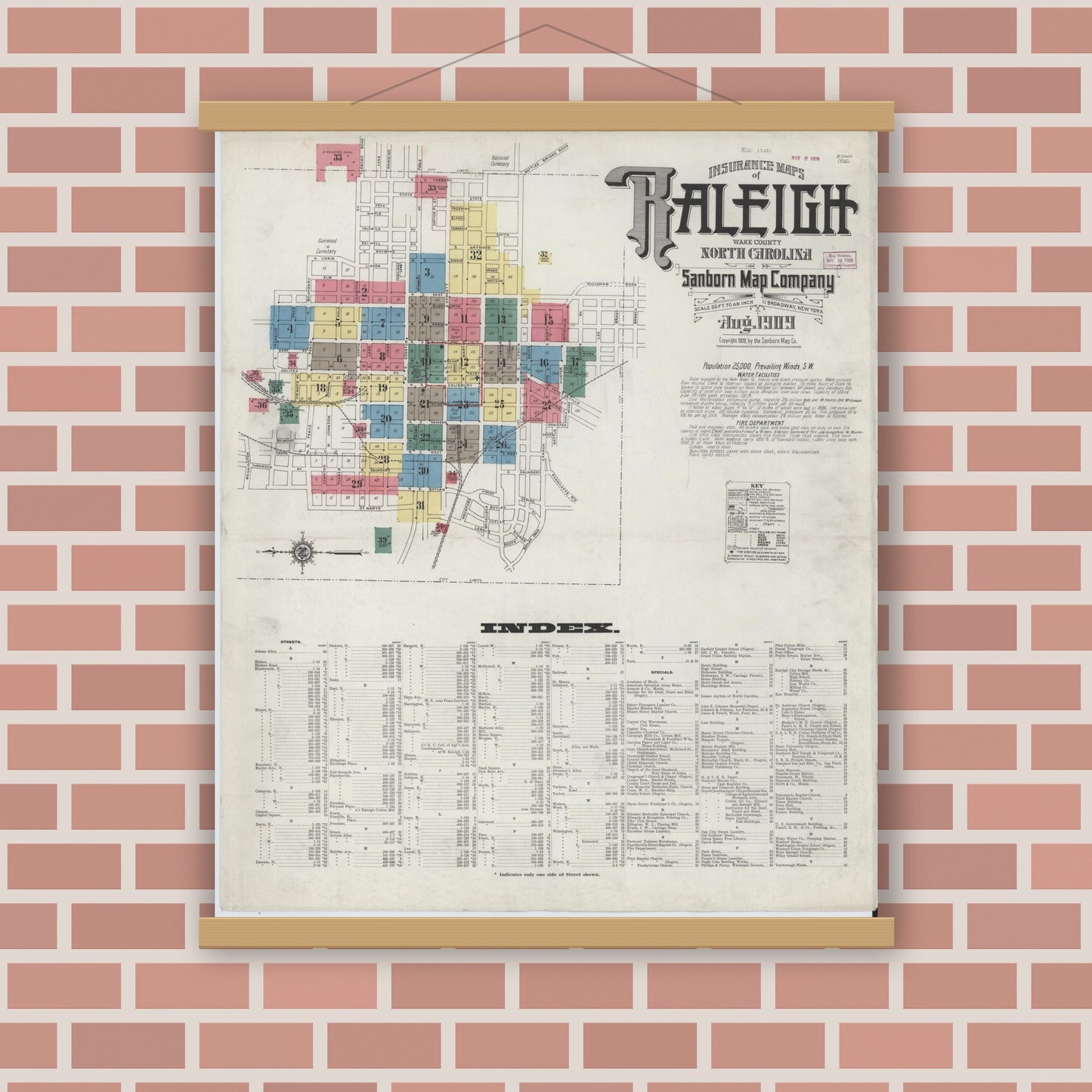 Old map wall art mockup — magnetic wood frame on brick wall — Sanborn Fire Insurance Map from Raleigh, Wake County, North Carolina (1909) - Complete Map Set