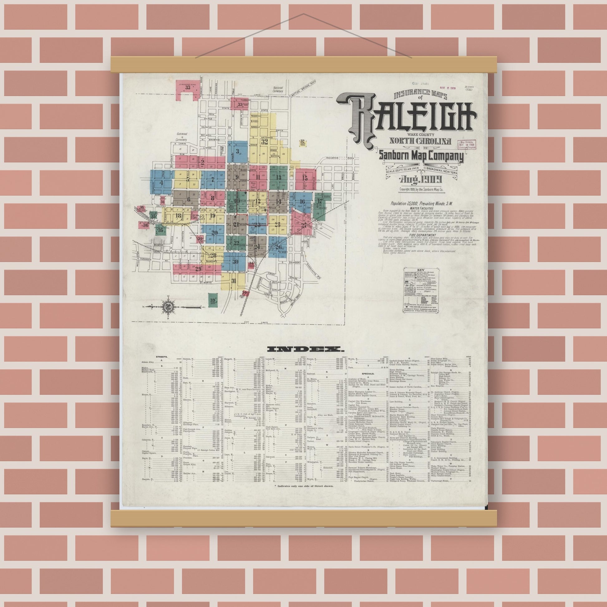 Old map wall art mockup — magnetic wood frame on brick wall — Sanborn Fire Insurance Map from Raleigh, Wake County, North Carolina (1909) - Complete Map Set