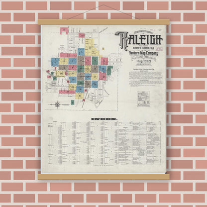 Old map wall art mockup — magnetic wood frame on brick wall — Sanborn Fire Insurance Map from Raleigh, Wake County, North Carolina (1909) - Complete Map Set