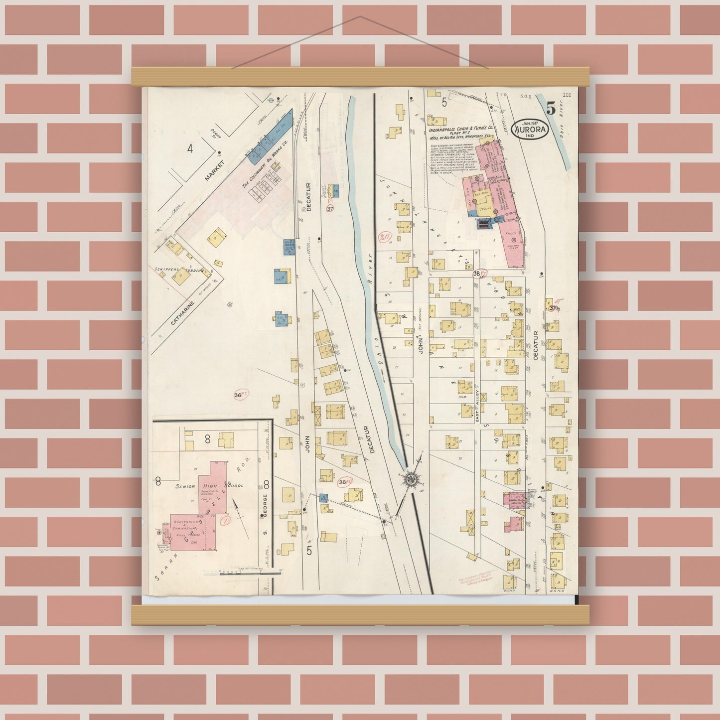 Old map wall art mockup — magnetic wood frame on brick wall — Sanborn Fire Insurance Map from Aurora, Dearborn County, Indiana (1935), Sheet #0005