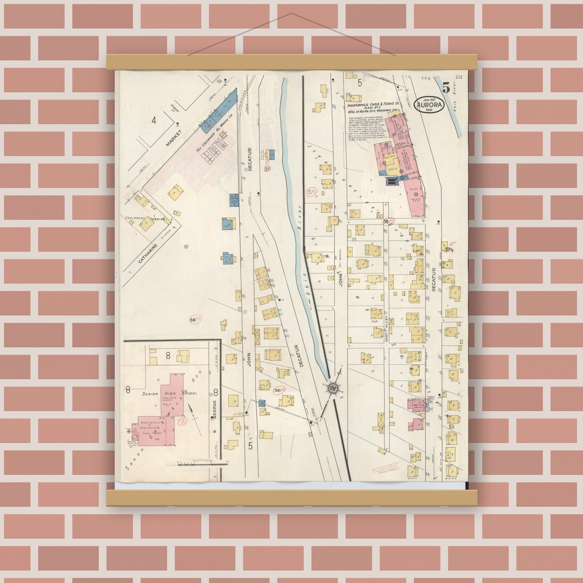 Old map wall art mockup — magnetic wood frame on brick wall — Sanborn Fire Insurance Map from Aurora, Dearborn County, Indiana (1935), Sheet #0005