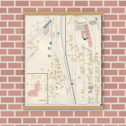 Old map wall art mockup — magnetic wood frame on brick wall — Sanborn Fire Insurance Map from Aurora, Dearborn County, Indiana (1935), Sheet #0005