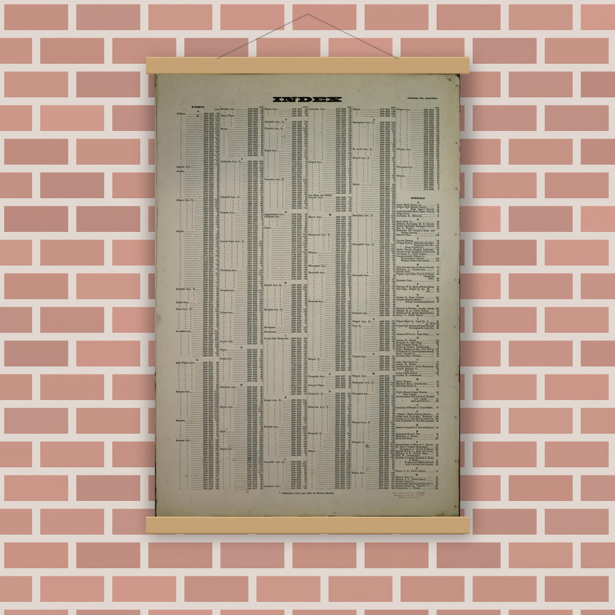 Old map wall art mockup — magnetic wood frame on brick wall — Sanborn Fire Insurance Map from Chicago, Cook County, Illinois (1913), Sheet #0001